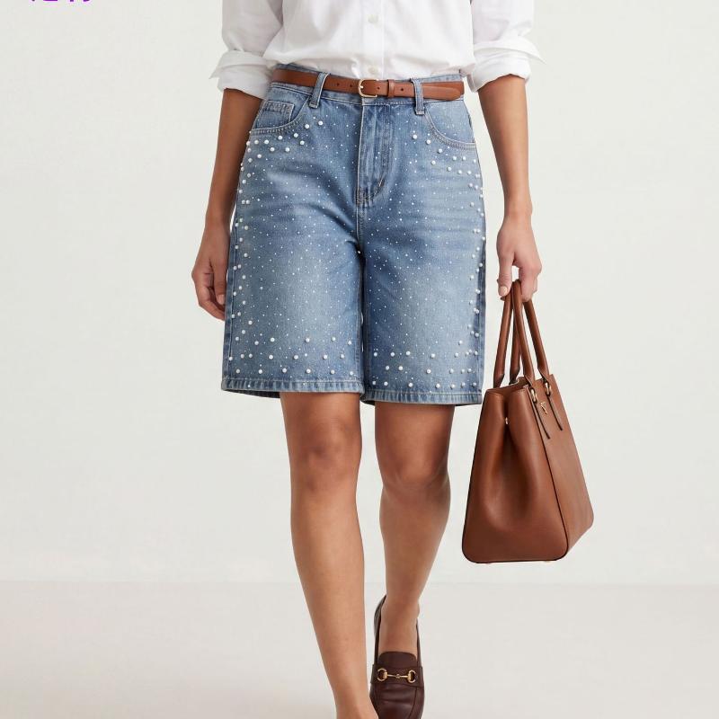 Women Pearl Embellished Vintage Washed Denim Shorts High Waist Relaxed Fit Button Zip Fly Casual Bermuda Jean Shorts Classic Five Pocket