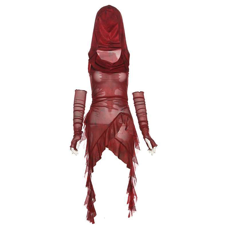 Red Two-Way Wearable Hooded Slim Fit T-Shirt Women's Design Sense Unconventional Hem Sleeveless Tank Top Desert Wasteland Style