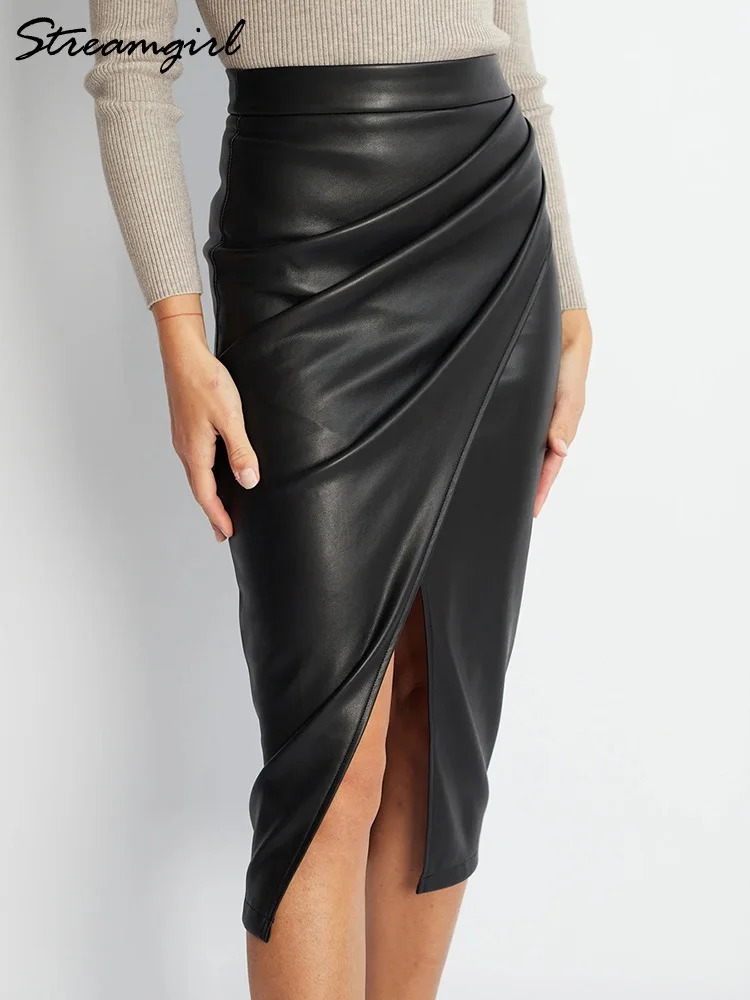 Women Midi Leather Skirt Sexy Split High Waist Zipper PU Front Slit Skirts Ladies Black Faux Leather Folded Skirt For Women 260923