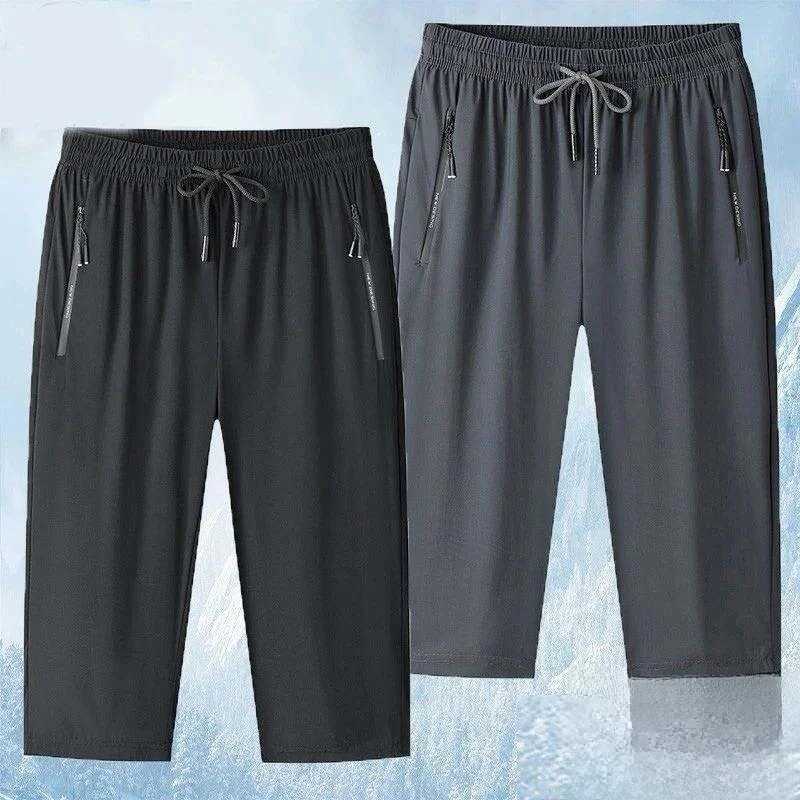 Men's Pants Ice Silk Men's Casual Mid-Thigh Shorts Summer Thin Loose Quick Dry Sport Leisure 7-Point Pants High Waist Straight Leg Pants H