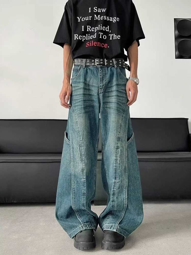 2025 Trashy Y2K Fashion Washed Blue Spliced Baggy New Jeans Pants For Men 90S Vintage Clothes Wide Leg Straight Denim Trousers S260924UQHP