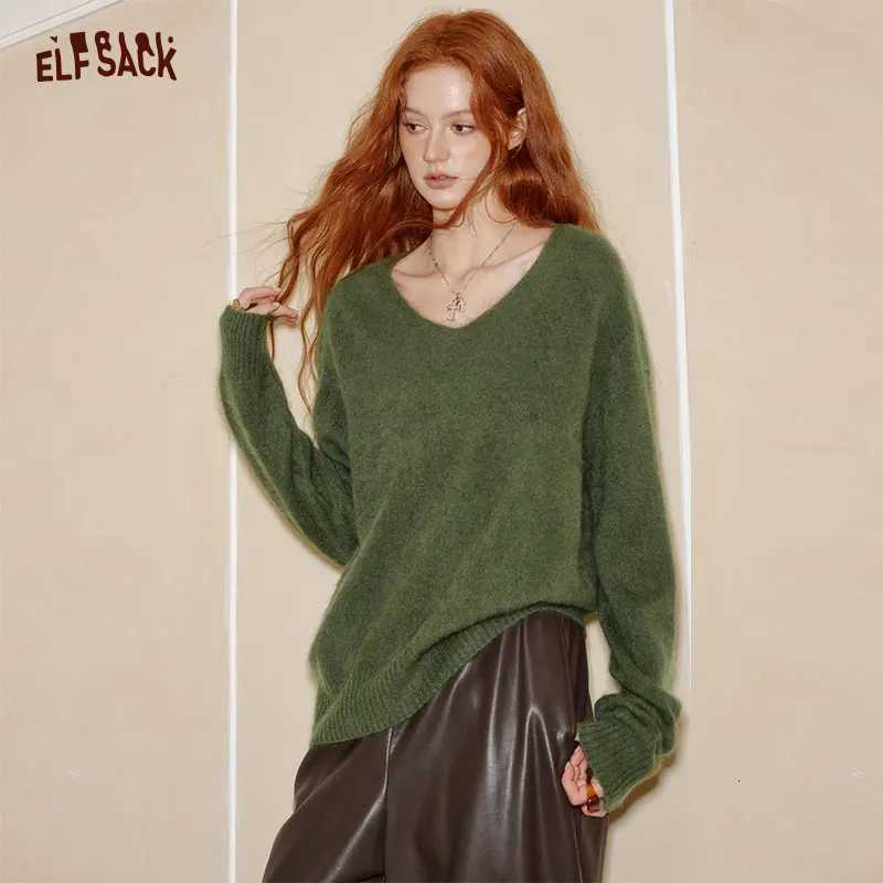 Women's Sweaters ELFSACK Casual Oversized V-Neck Wool Sweater with Multiple Color Options Warm Soft Knit Long Sleeve Solid Top for Women H26092
