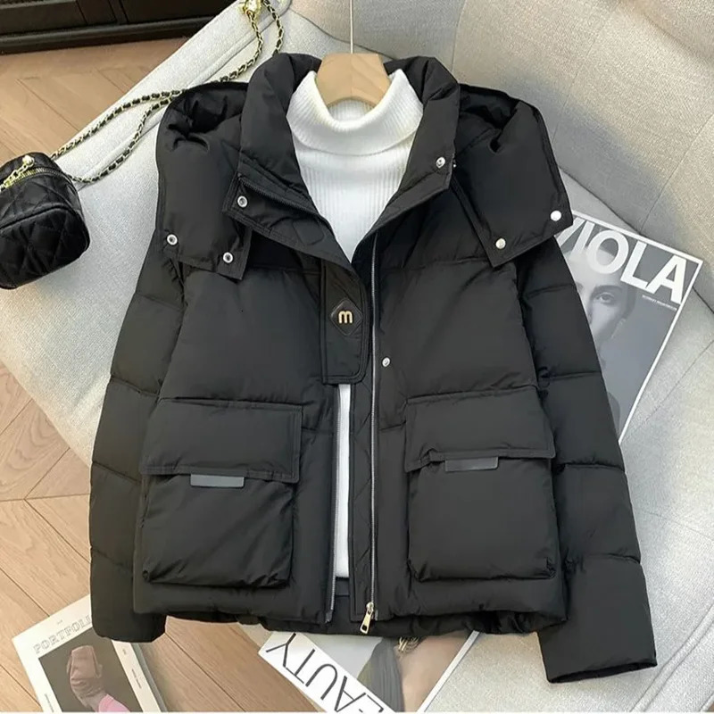 Winter 2026 Chic Down CottonPadded Jacket Women's Short Overcoat Korean Hooded Thick Warm Parka Fashion Loose Cotton 260923