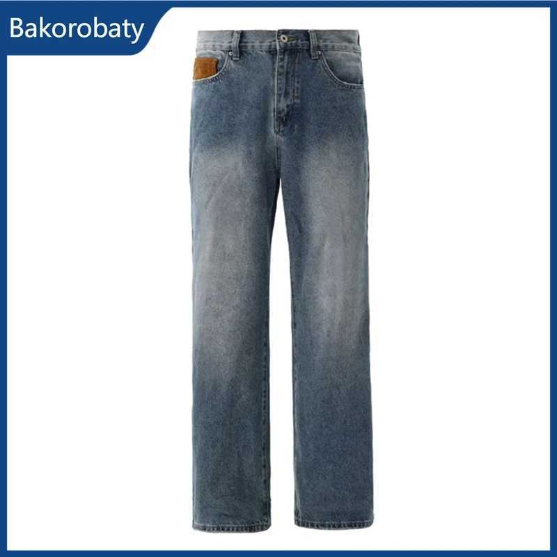 Men's Jeans 2026 Summer Vintage Blue Patchwork Straight-Leg Jeans For Man American Casual Brown Pockets Denim Pants Y2K Streetwear Jean H260924