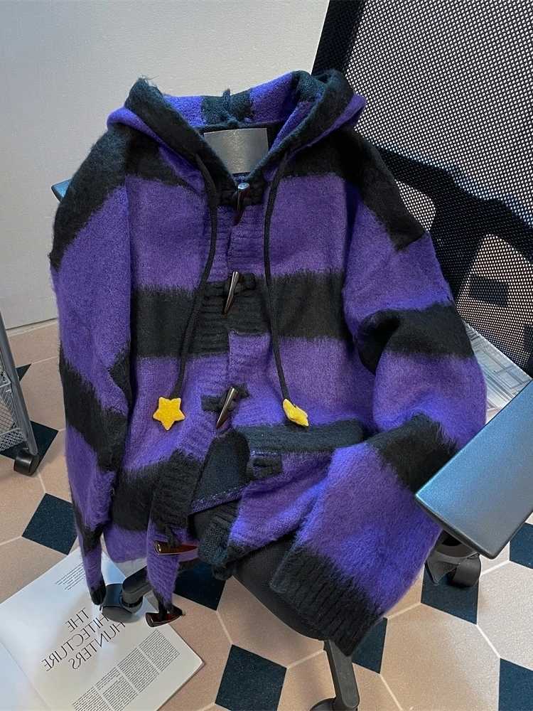 Women's Sweaters Lazy style cute star stripe hooded sweater women's autumn and winter anime mine knitted cardigan coat H260923