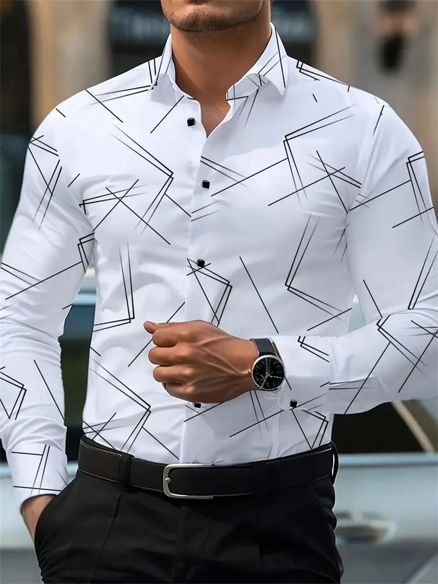 Men's trendy geometric line print long-sleeved shirt Business casual fashion n slim fit non-iron versatile ins style shirt 260922