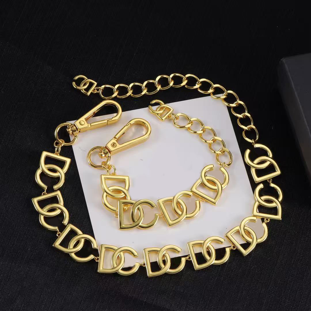 Designer Double Letter Chain Jewelry Set for Women, Gold Plated Interlocking Letter Choker Necklace & Bracelet, Trendy Ladies Statement Jewelry for