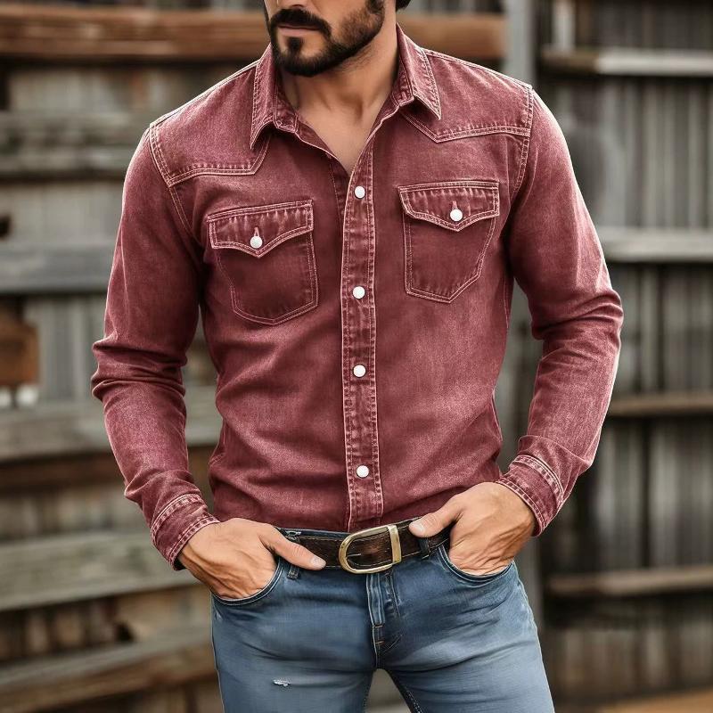 Chemise en jean bordeaux de haute qualité pour hommes, manches longues, col à revers, vêtements de travail décontractés, couleur unie, mélange de