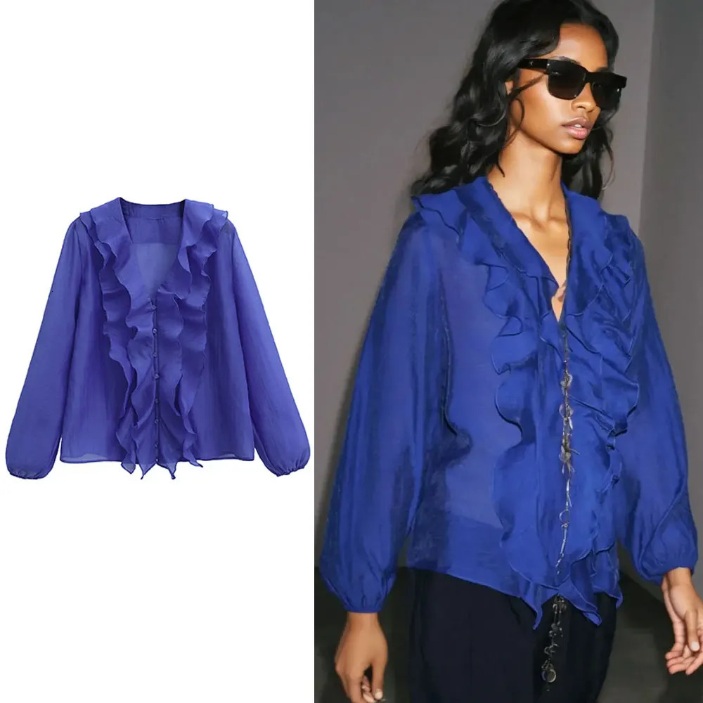 HH Women Fashion Ruffles Blouses V-Neck Button Long Sleeve Shirt Spring Summer Casual Office Lady Solid Chic Tops 260923