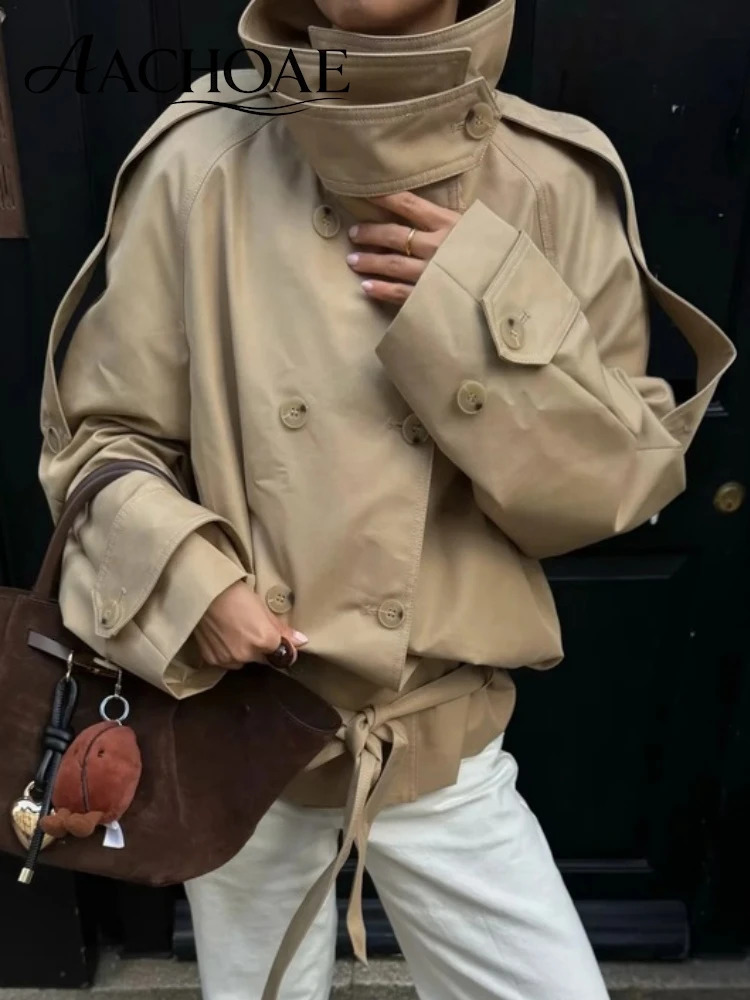 AACHOAE Womens High Neck Double Breasted Trench Jacket Belted Casual Windbreaker Coat Long Sleeve Spring Fall Outerwear 260923
