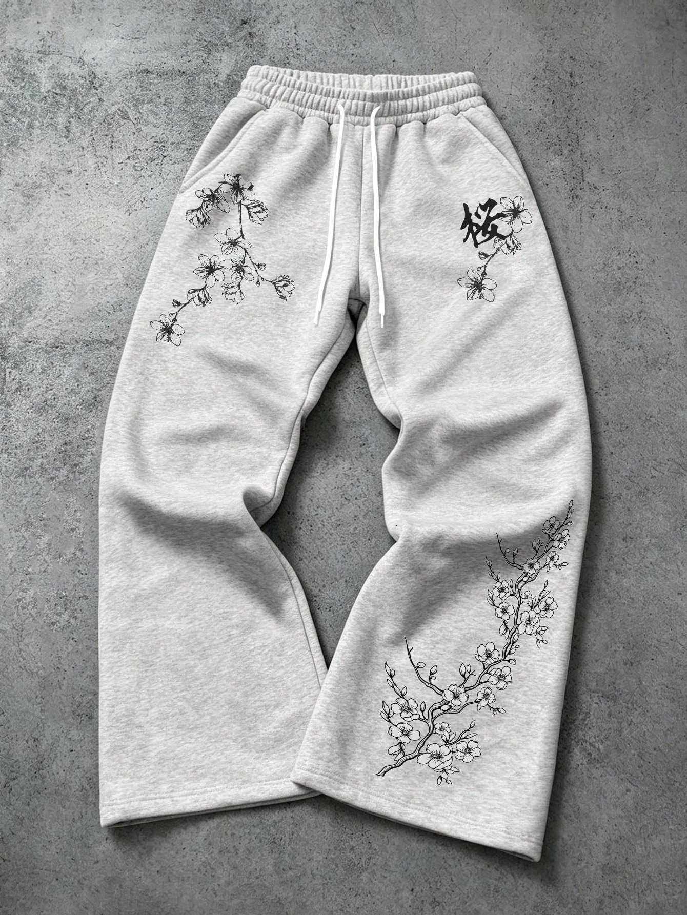Men's Pants Men's Light Gray Flared Sport Pants Retro Y2K Gothic Style with Cherry Blossom Branch and Chinese Character Prints H260924