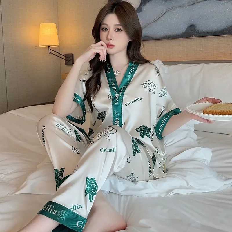 Women's Sleep Lounge Ladies Silk Pajama Button up Top and Pants Women's Sleepwear Homewear Two-Piece Set V-NeCK Printed Nightwear THailand