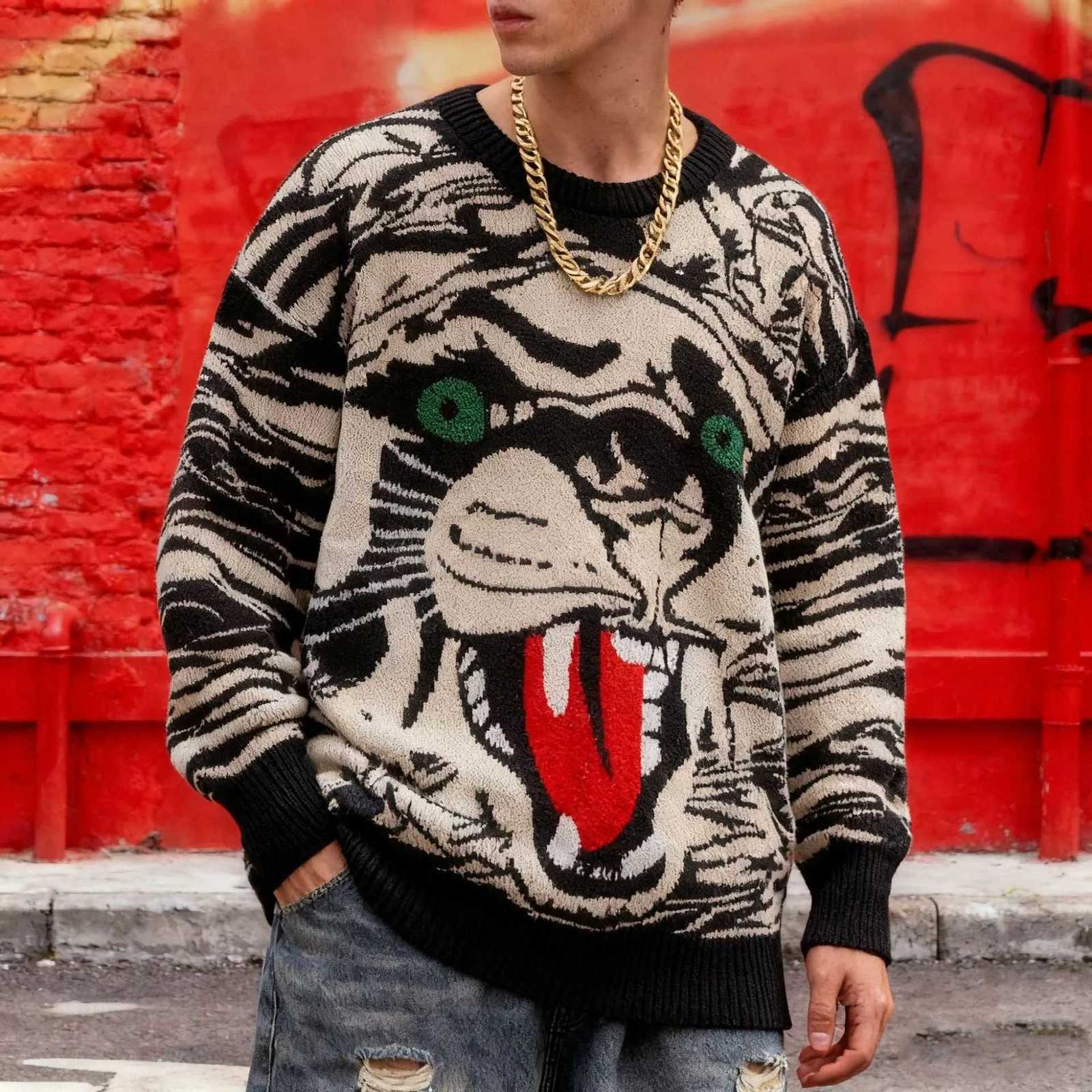 Men's Men's Sweaters Tiger Graphic Knitted Sweater Crew Neck Streetwear Pullover Long Sleeve Casual Oversized Jumper Autumn Winter C260923