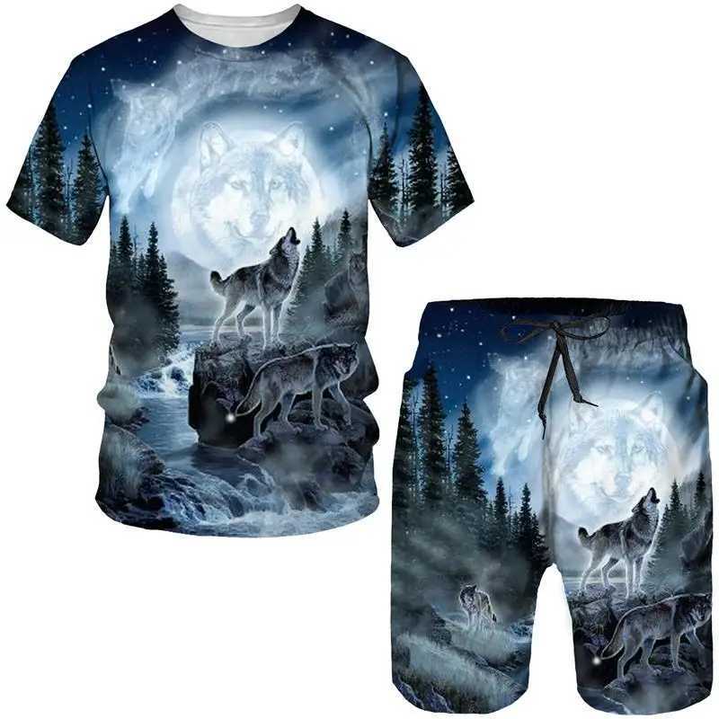 Wolf 3D Print Hawaiian Tracksuit Men's Beach Suit Short Sleeve T-Shirts Shorts Sets Hip Hop Street Sportswear Men Suits Clothing T260924