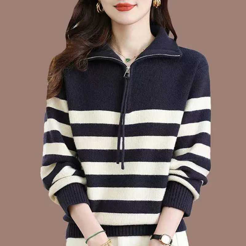 Women's Sweaters Women's Half Zip Collar Knit Sweater Autumn Winter Striped Loose Lazy Style Vintage Long Sleeve Pullover Top S-XL H260923