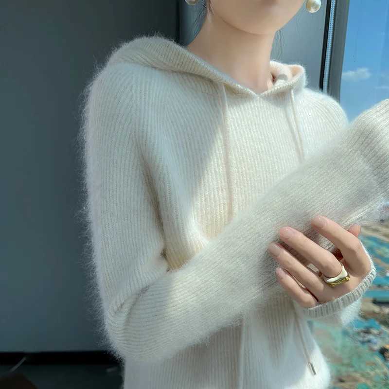 Women's Sweaters New 100% Mink Cashmere Sweater Women Hooded Long Sleeve Pullover Autumn Winter Mink Wool Knitwear Hoodie Warm Soft Clothing To