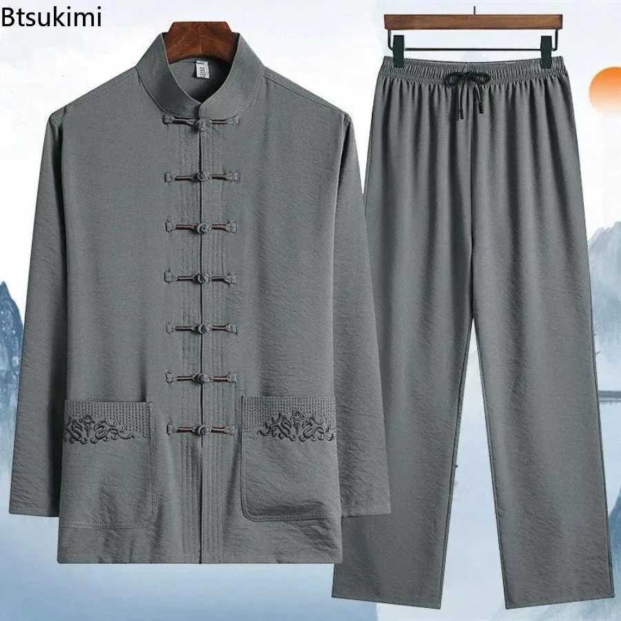 Traditional Chinese Style Men Ice Silk Two Pieces Spring Summer Thin Stand Collar Tops Pants Hanfu Tang Suit Man Embroidery Sets T260924