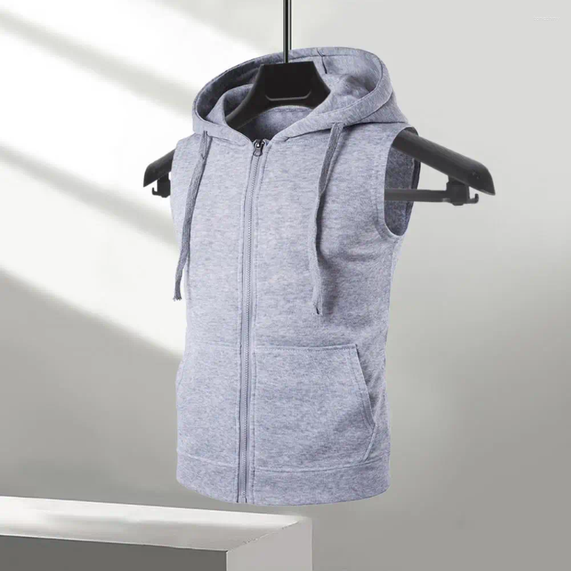 Men Vest Jacket Hooded Drawstring Sleeveless Zipper Placket Coat Solid Color Pockets Waistcoat