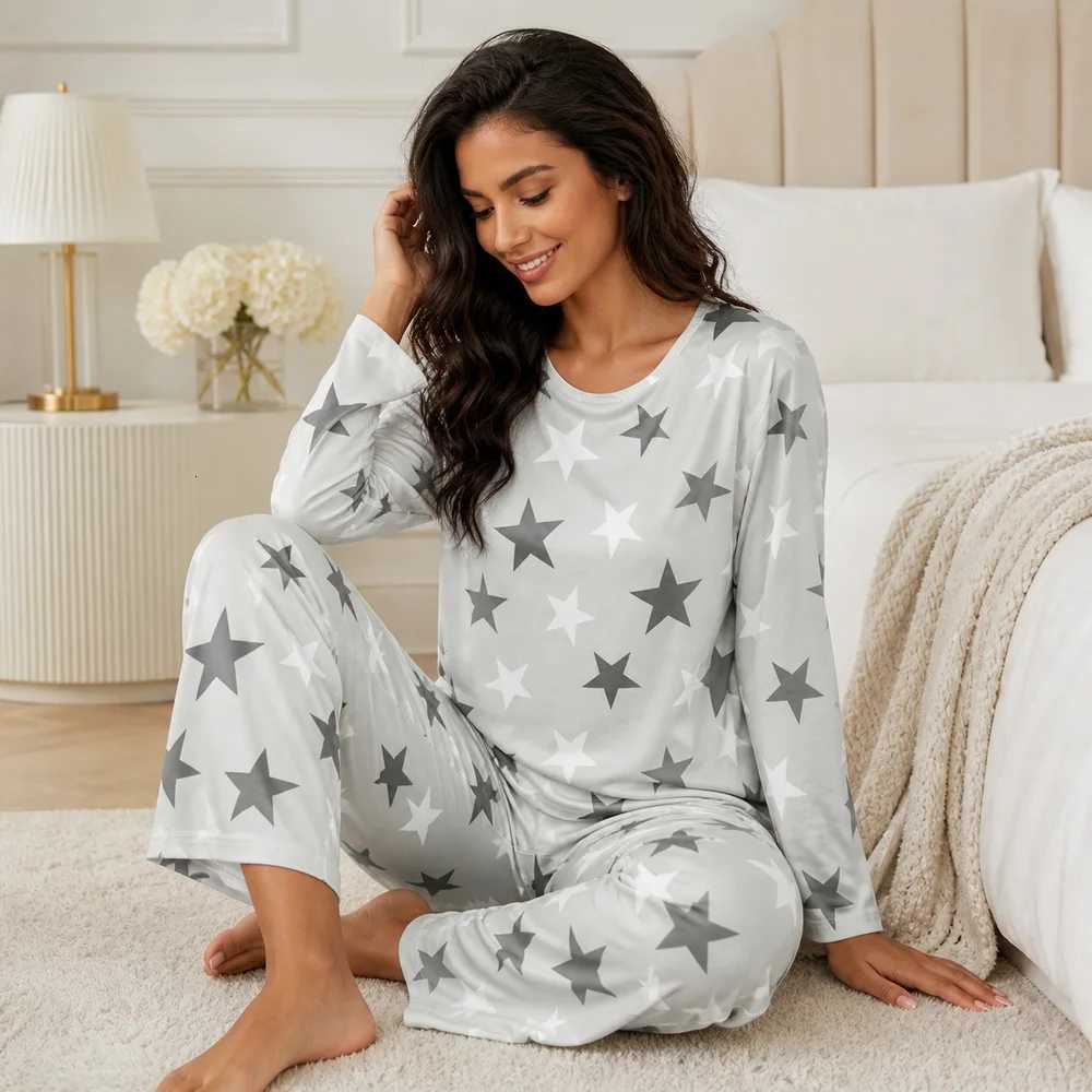 Women's Sleep Lounge Women's Four-Season Spring and Summer Long-Sleeved Pajamas Casual Comfortable and Cute Star-Printed Long-Sleeved Pant
