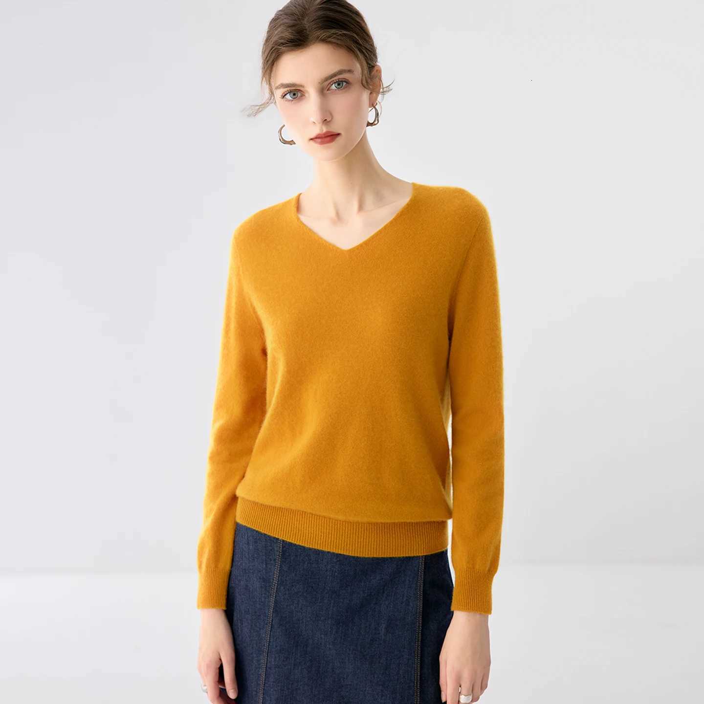 Women's Sweaters One line molding 100% cashmere sweater women's V-neck knitted sweater fashionable slim fit regular versatile tops autumn