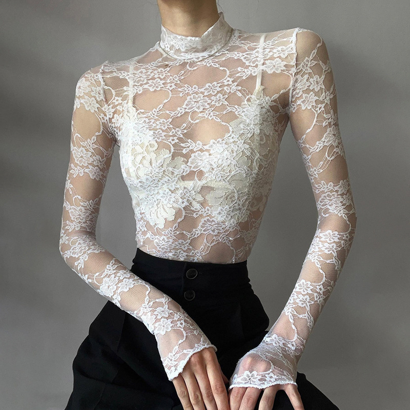 Sexy Blouse Shirts Summer Women Turtleneck Long Sleeve See Through Lace Patchwork Thin Tops XXNWQ-NWMCT01609