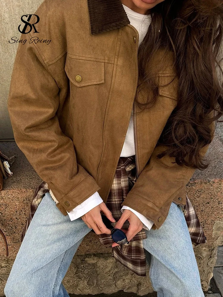 SINGREINY Corduroy Patchwork Suede Casual Jacket Autumn Ladies Lapel Long Sleeves Short Outerwear American Retro Chic Coat 260923