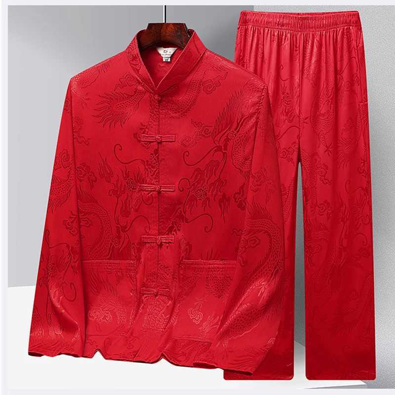 New Chinese Style Long Sleeve Tang Suit Men's Ice Silk Spring Middle-Aged People Hanfu Clothing Tai Chi Clothing Set Shirt T260924