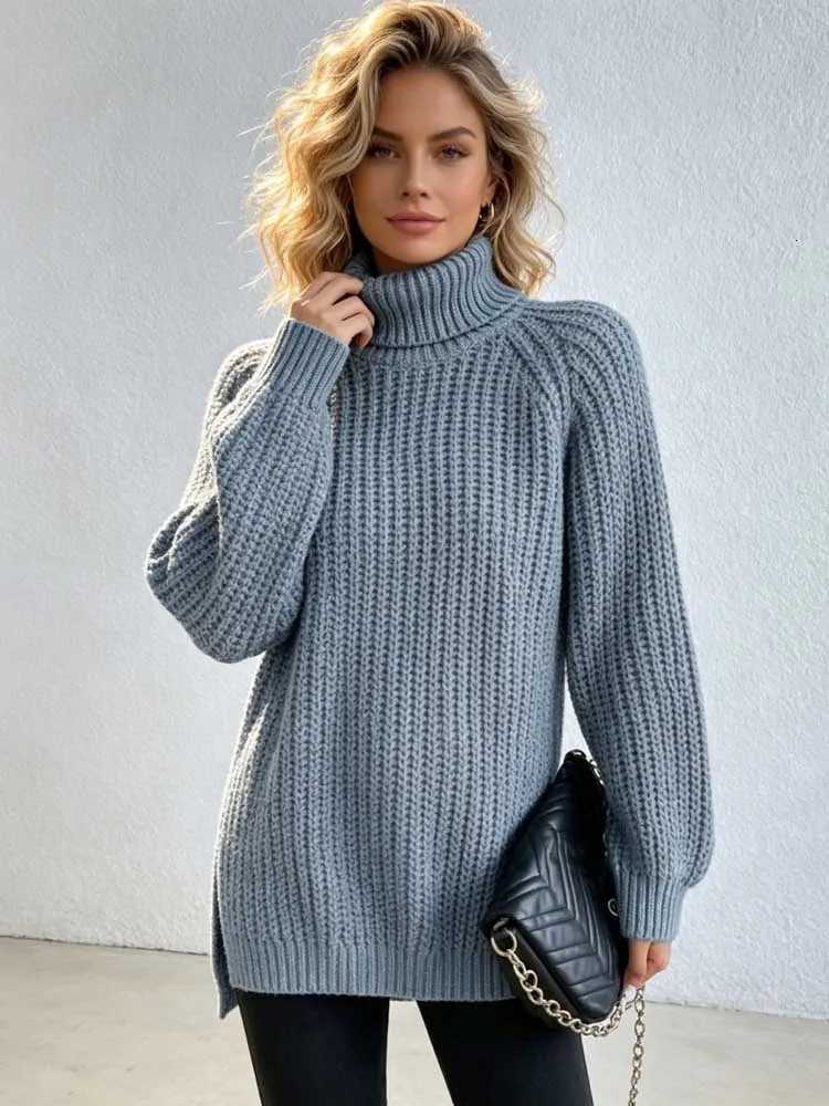 Women's Sweaters Casual Loose Turtleneck Pullovers Sweaters Autumn Winter Knitted Tops Solid Color Fashion Women's Sweater Elegant Split C