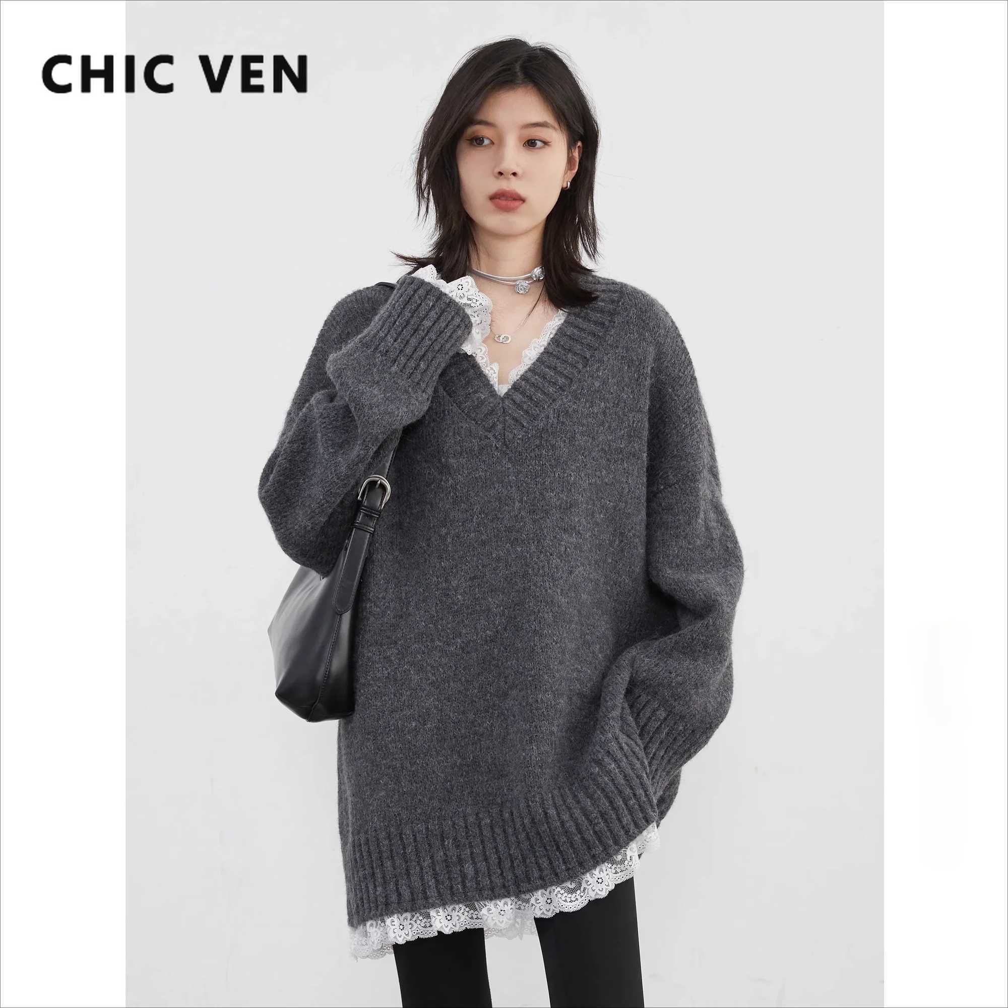 CHIC VEN Women Knit Sweater New Loose V-neck Pullovers Lace Patchwork Female Jumpers Mid Length Female Tops Autumn Winter 2024 Z260924