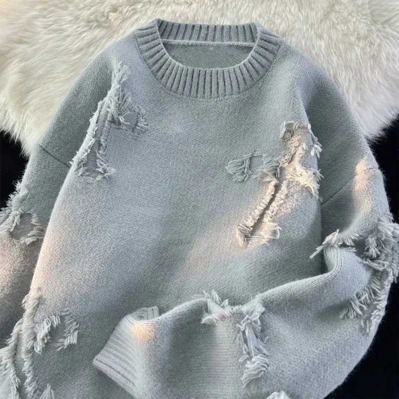 Y2k Men's Sweaters Streetwear Sweater Men New Retro Hole Fringed Sweater Loose Versatile Knitwear Pullovers Long Sleeve Jumpers Clothing C26092