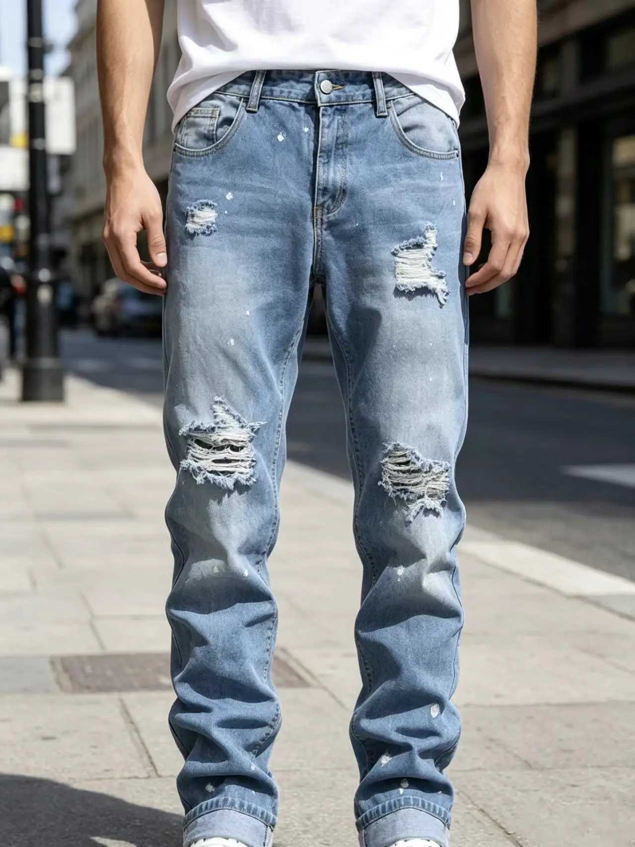 Men's Blue Ripped Straight Leg Non-Stretch Slim Fit Jeans Transoceanic Fashion Denim Pants New Style S2609240LZ6