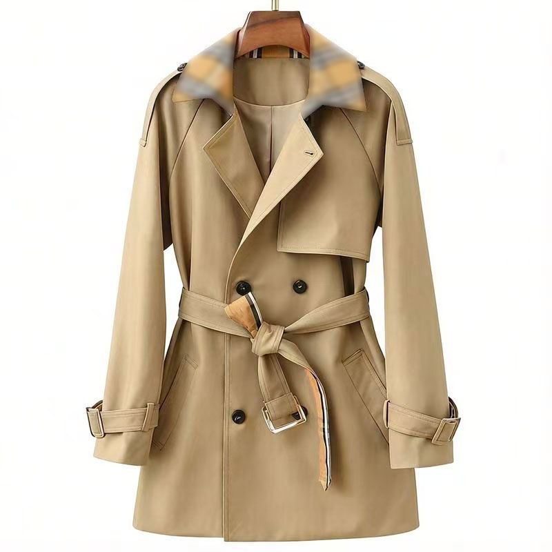 26ss Designer classic double-breasted women's trench coat, short length, with belt and epaulettes, available in beige and black, high-quality w
