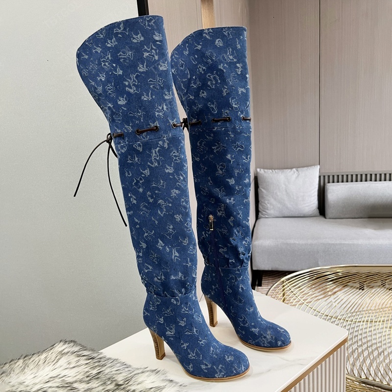 Fashion Women Boot Designer Boots Knee High Boot Canvas Over The Knee Boot Zipper Adjustable Straps Winter Casual Shoes Sock Long Boot Shoes