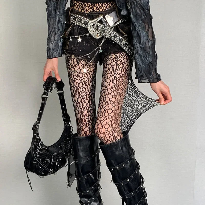 Women Sexy Tights Medium Grid High Waist Silk Stockings Punk Gothic Irregular Mesh Fishnet Hollow Out Pantyhose Subculture Black 260924