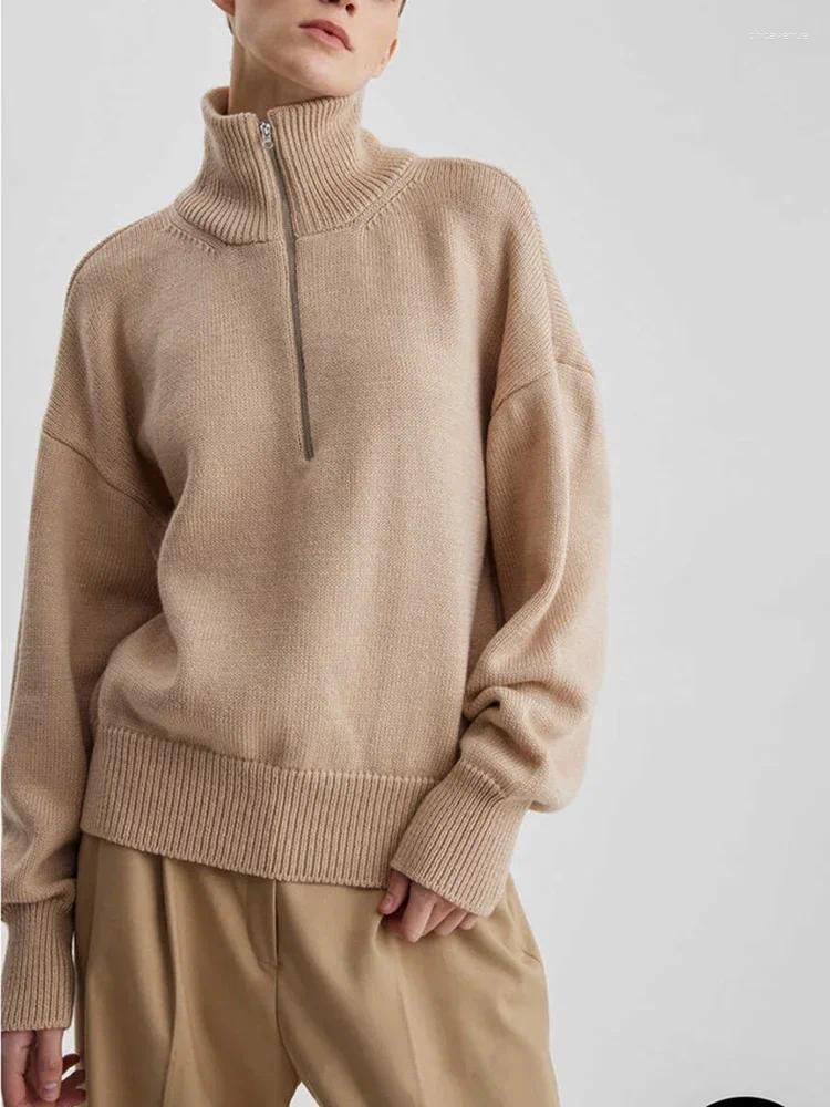 Simplicity White Blue Zipper Knitted Sweater Elegant Women's Turtleneck Winter Warm Fashion Solid Loose Tops For Women