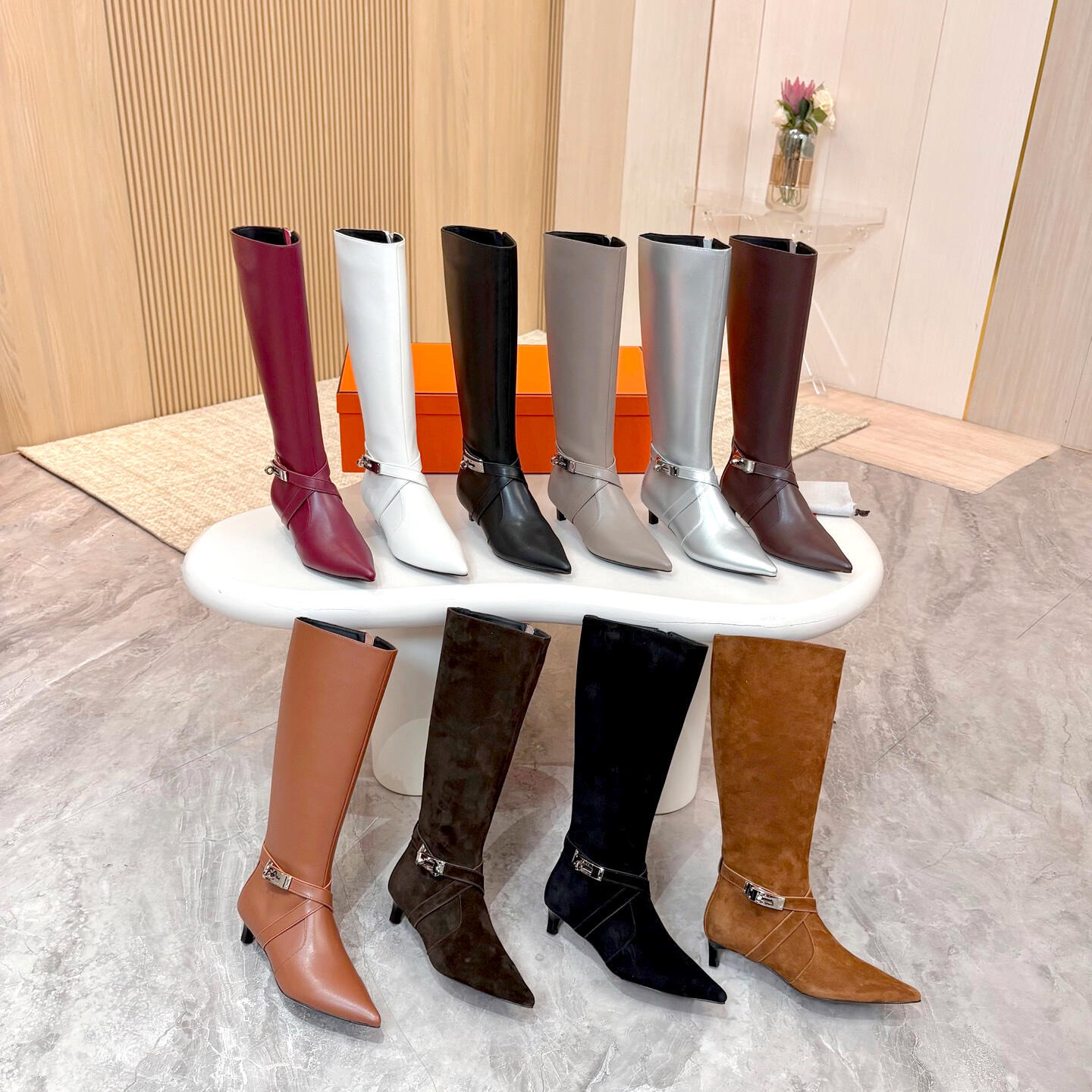 Women Knee High Boots Metal Buckle Fashion Classic Luxurys Designer Dress Shoe Pointed Toe Mid Calf Boots Low Heel Zipper Ankle Boot Western City Se