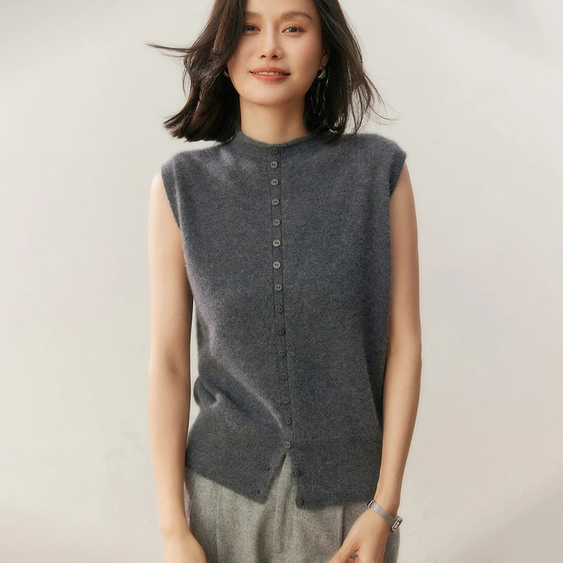 100% Pure Cashmere Pullover Vest Autumn Womens Casual Solid Knitted Sleeveless Sweater Half High Collar Single Breasted Tops 260923