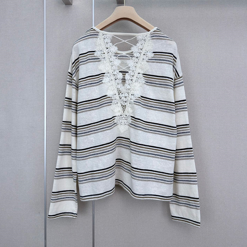 Sexy Lace Backless Design Pullover For Women Retro Striped Long Sleeve Relax Thin Breathable Top Summer Seaside Holiday Chic Blouse