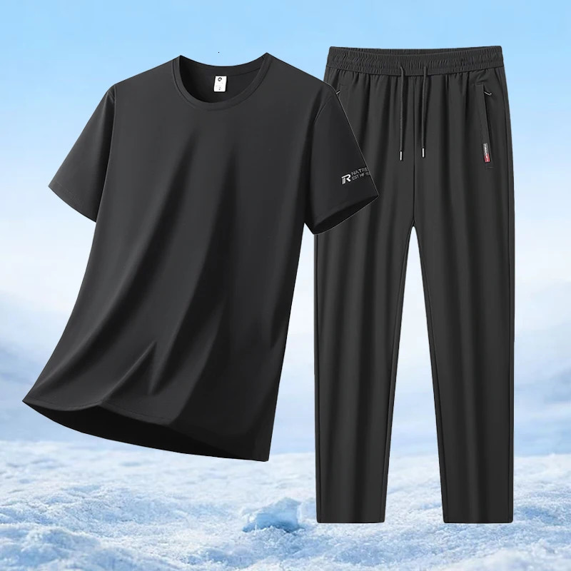 Summer Fashion Trend Ice Silk Short Sleeved T-shirt Casual Pants Set Outdoor Running Fitness Lightweight Breathable Sportswear 260918