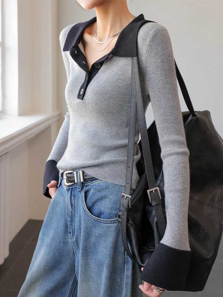 Women's Sweaters JWUNIQUE Grey Collar Knitted Sweater Women Slim Fit Base Shirt Top Fashionable Commute Style Long Sleeve Polyester Blend H2609