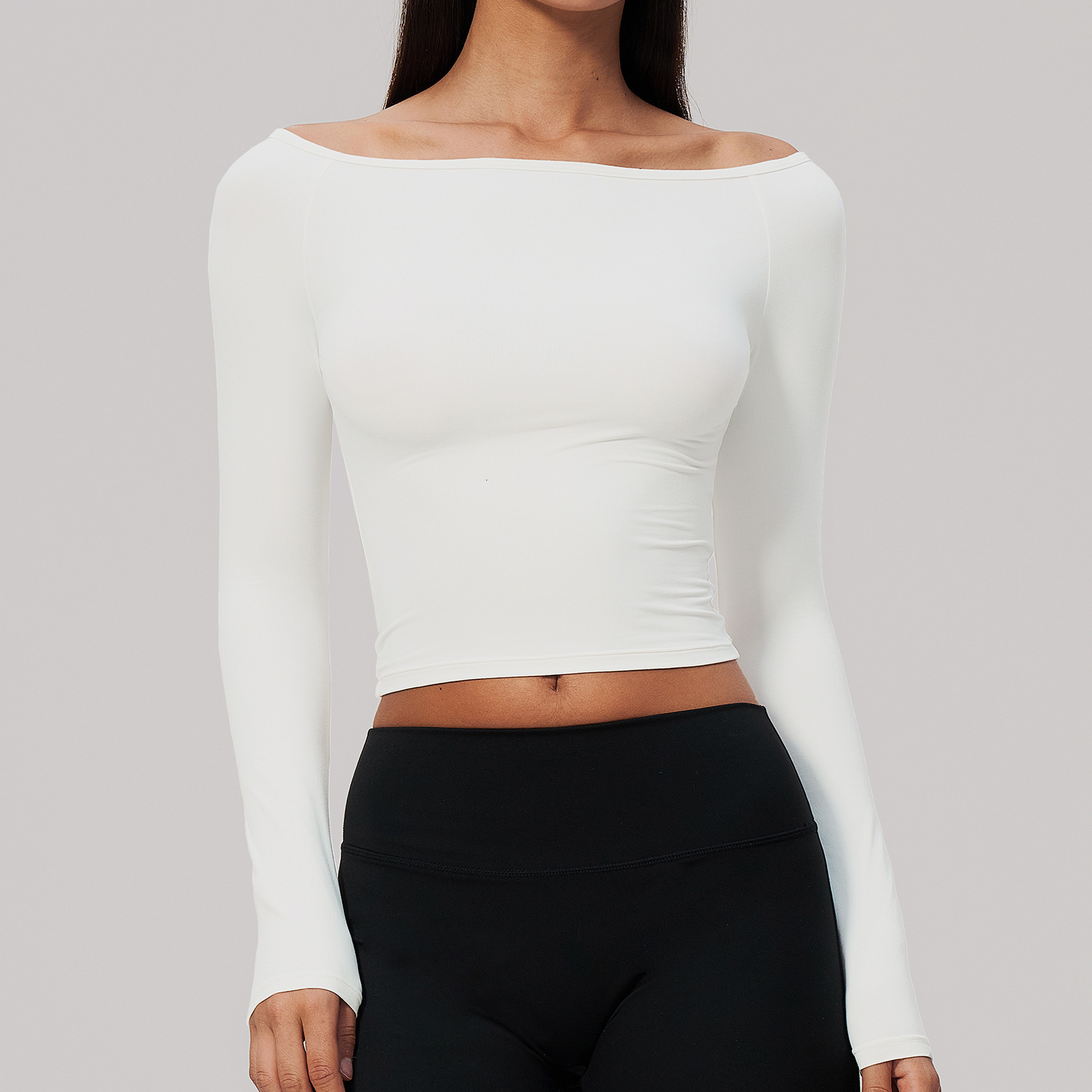 Women's Yoga Long Sleeved Fitness T-shirt Running Workout Gym Top Boat Neck Slim Fit Longline Stretchy Solid Color Breathable 26Y0924