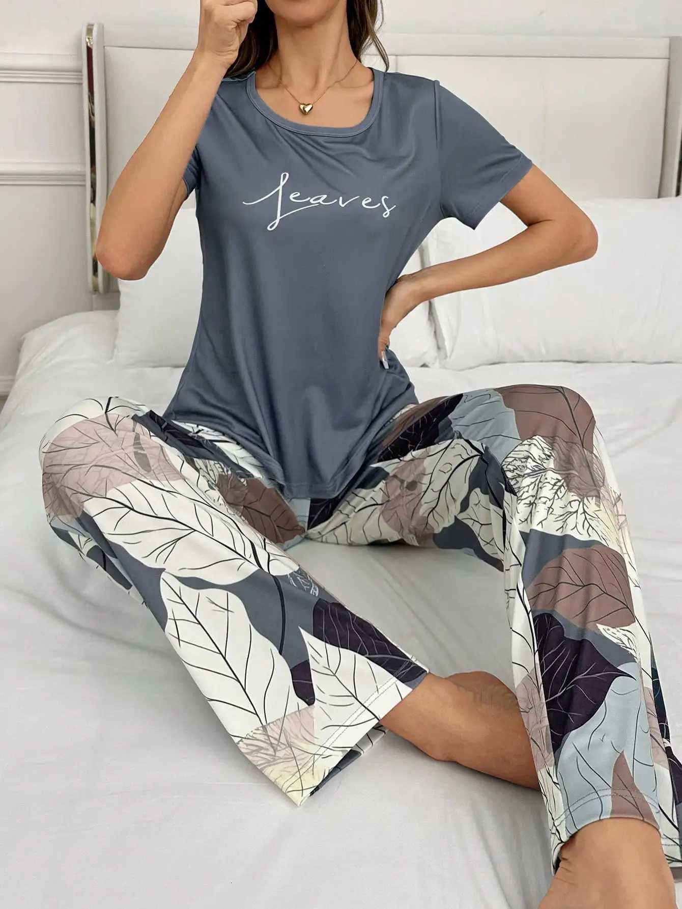 Women's Sleep Lounge 2-Piece Set of Women's Four-Season Pajamas Elegant Floral Print Comfortable Short-Sleeved Long Pants Pajama Set H2609