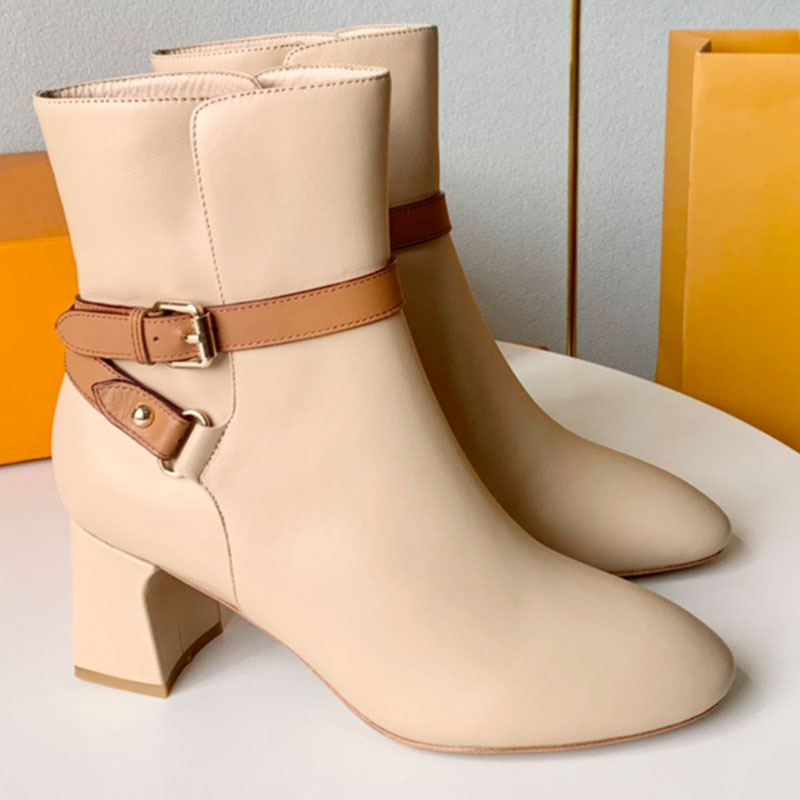 Parisienne Ankle Boots Designer Womens Round Toe Suede Short Boots With Contrasting Color Belt Buckle Thick Heel Temperament Commuting Slimming Fash