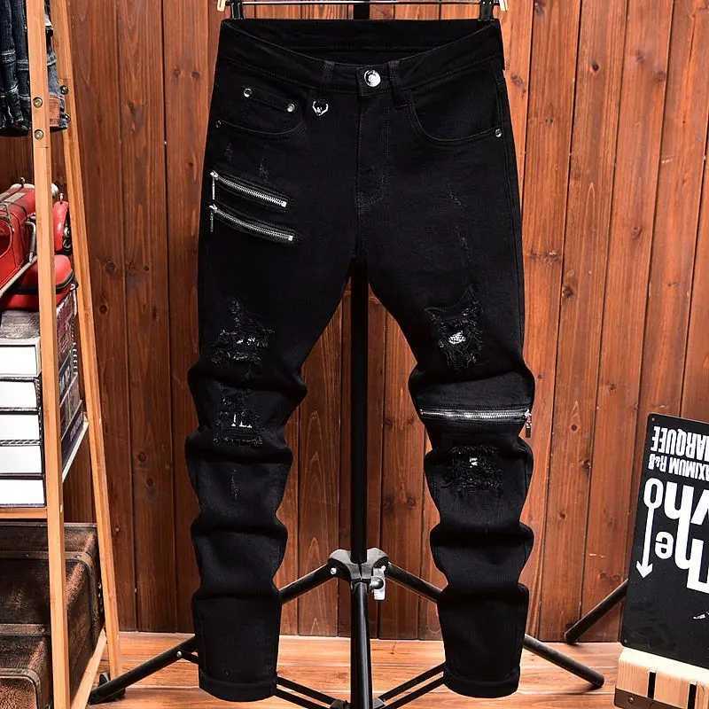 2025 Jeans Men's Spring Autumn Versatile Korean Black Elastic Slim Small Feet Zipper Pants Autumn Cow Man Pants Design Jeans S260924P7CX