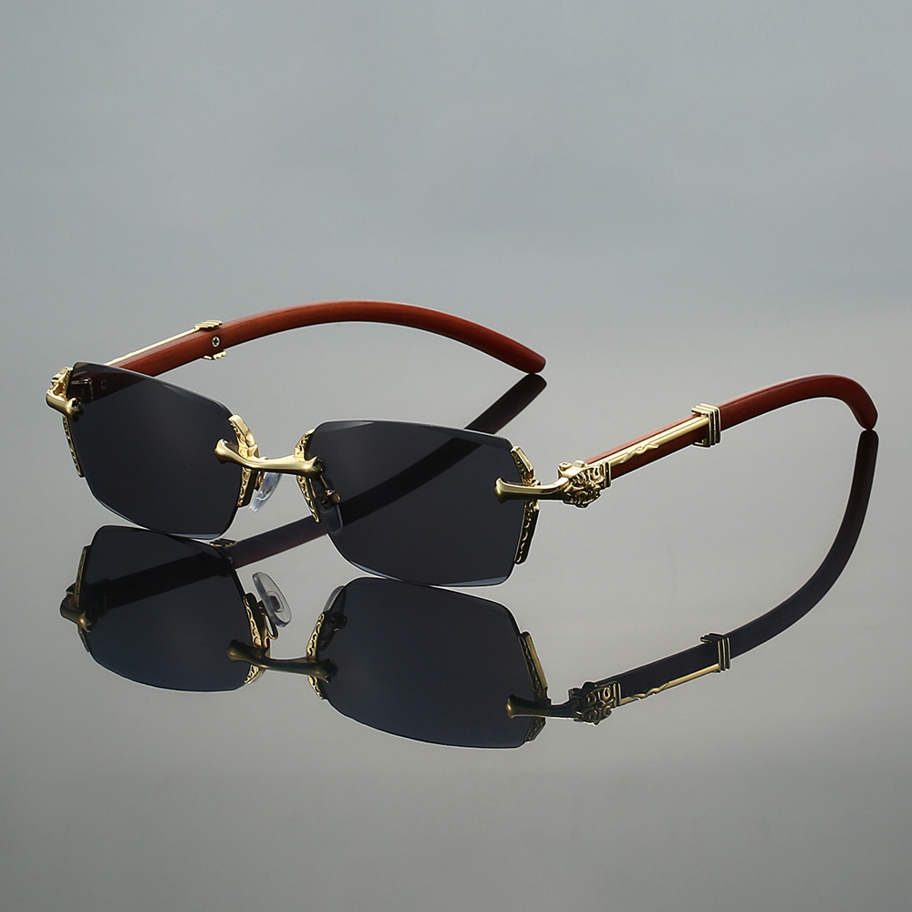 Vintage Brand Designer Sunglasses 2025 New Frameless Edged Wood Grain Leg High-End Fashion Street Snap Slimming Travel Vacation Sunglasses High-End