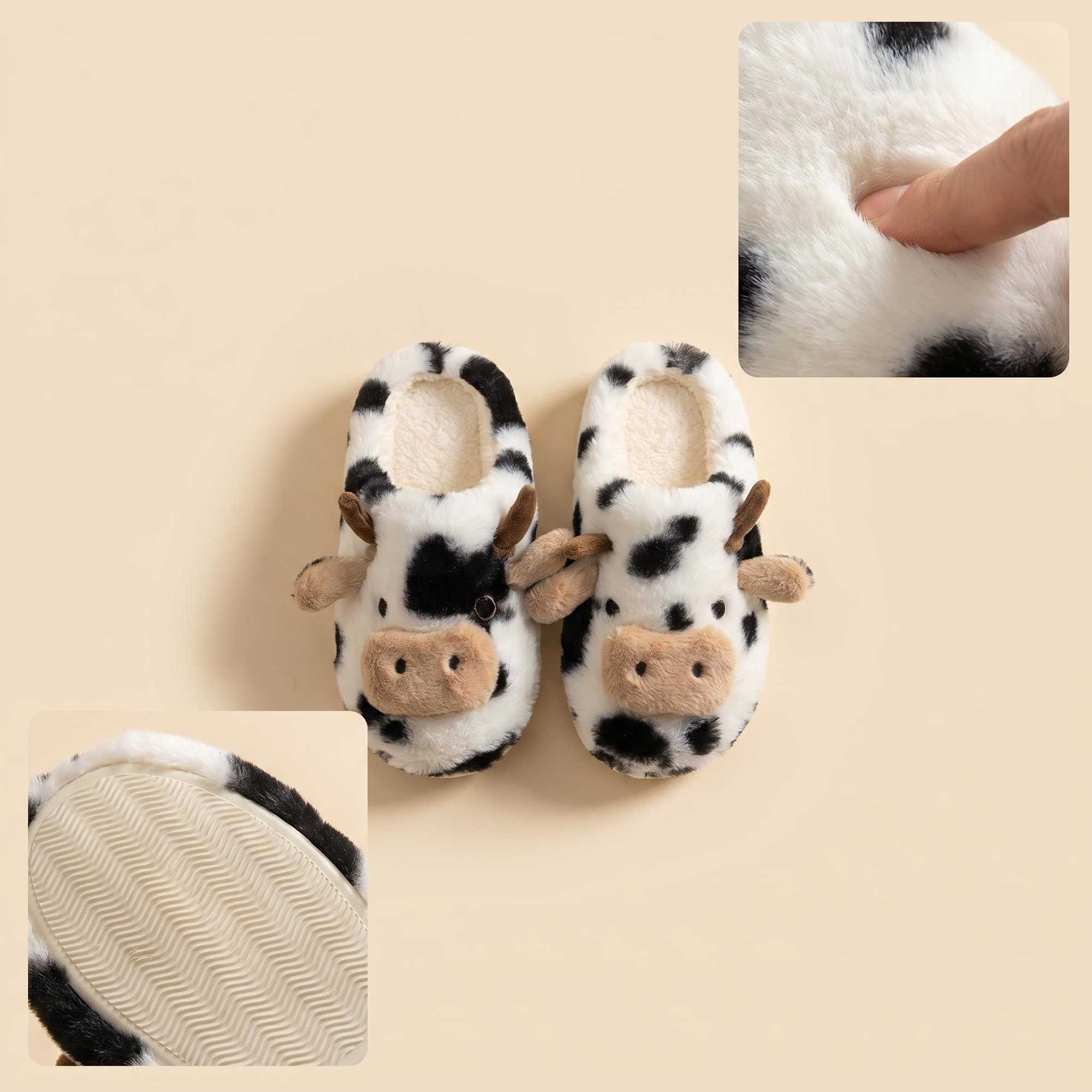 A Pair of Cute Cartoon 3D Cow Plus for Women Comfortable Fluffy Home Slippers with Soft Soles for the Bedroom Cute 3D MilkThemed Warm NonSlip Indoor