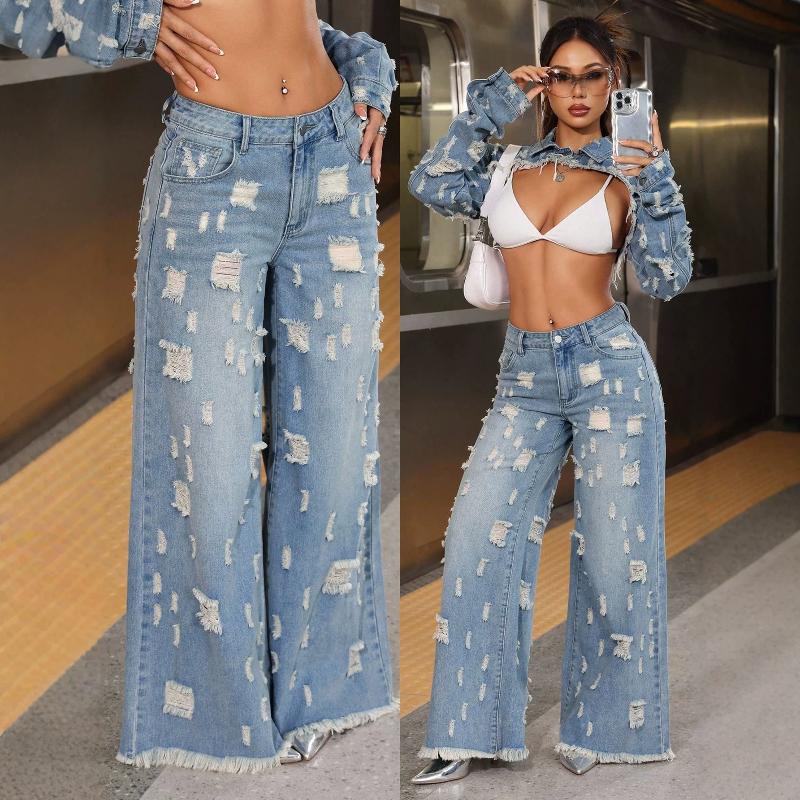 Designer Style Nouvelle Arrivée Haute Qualité Femmes Bleu Clair Lavé Baggy Jambe Large Ripped Jeans Taille Haute En Détresse Ourlet Brut Denim Pa
