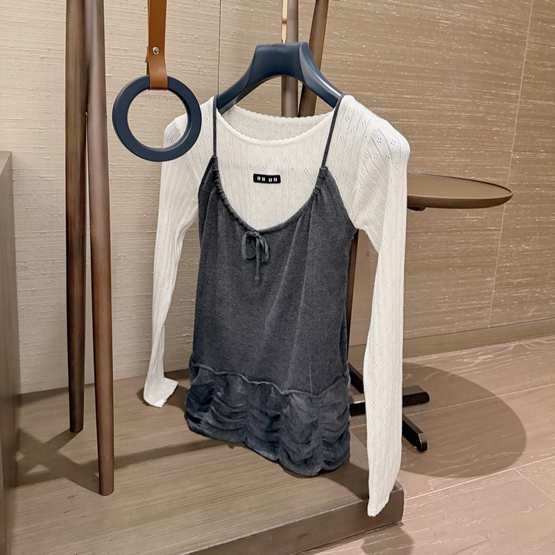 Designer Women Ruffled Camisole Long Sleeve Hollow Knit Tops 2 Piece Set Sexy Slim Fit Knitted t Shirt Y2K Sling Vest Outfits