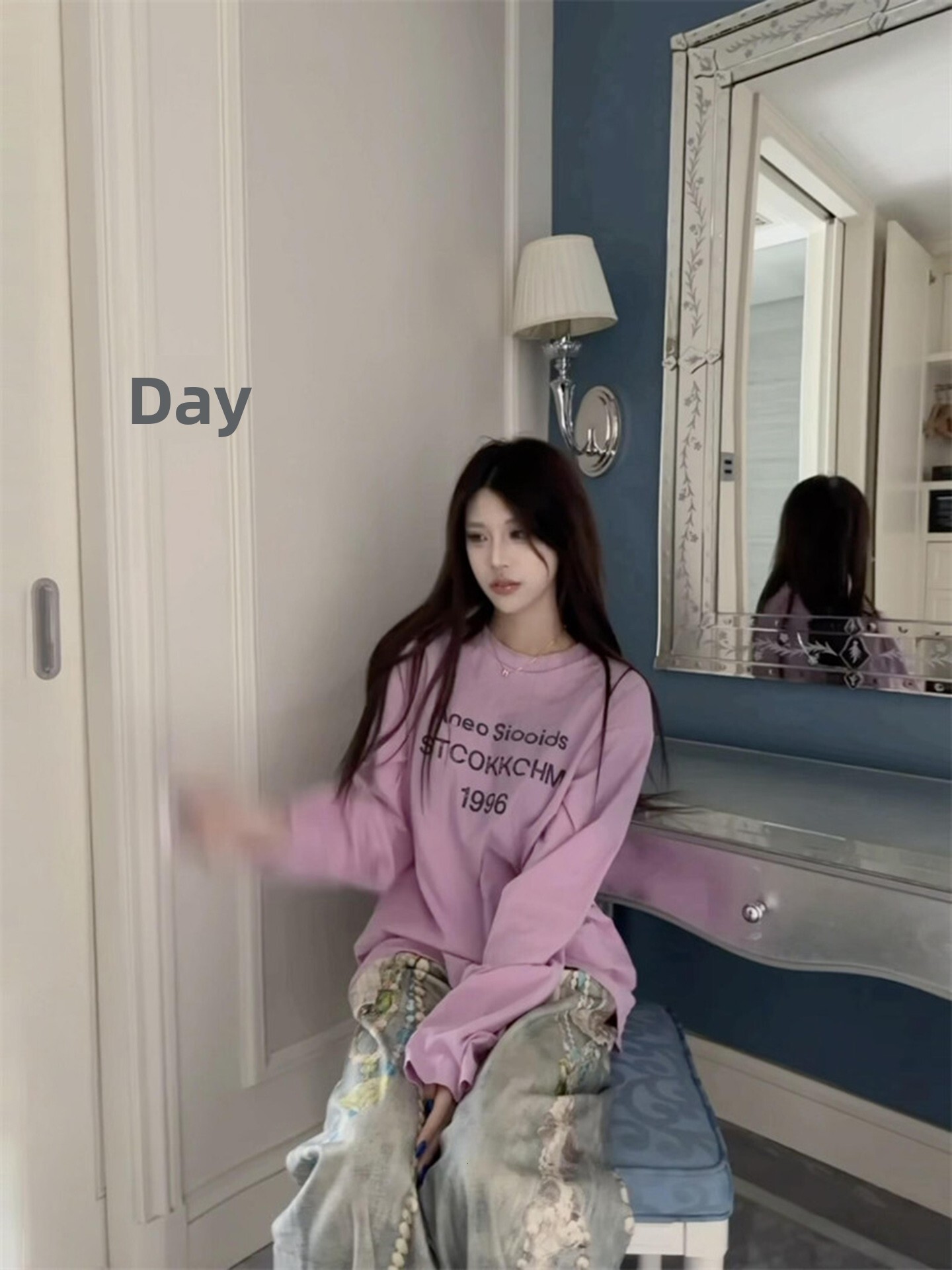Retro Korean Style Long Sleeve Thin T-Shirt Women's Loose Design Slimming Versatile Lazy Top Pink Lettering Spring Autumn Wear