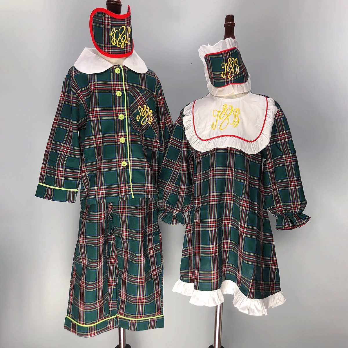 Lounge Women's Sleep Girls Nightdress Boys Pajama Set With Eye Mask Green Long Sleeve Thin 100% Cotton Four Seasons Pajamas British Plaid Holid